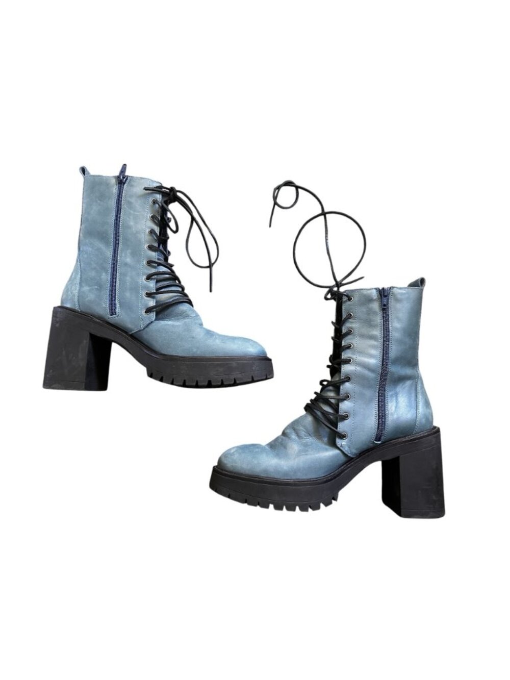 Free People Leather Dylan Lace Up Boots 39 8.5 Blue Block Chunky Witchy Grunge - Picture 5 of 14